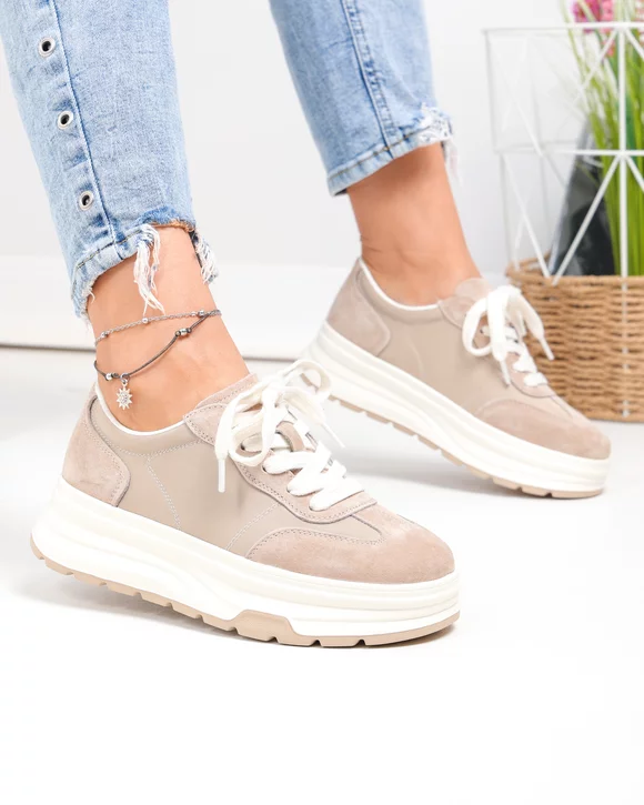 Pantofi casual dama piele naturala intoarsa si material sintetic bej G10-A03-1