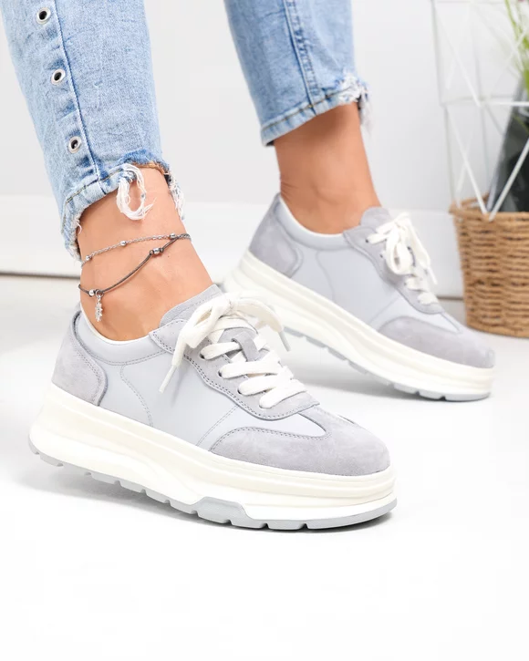Pantofi casual dama piele naturala intoarsa si material sintetic gri G10-A03-1