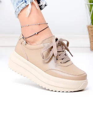 Pantofi casual dama piele naturala kaki cu inchidere sireturi T-6052