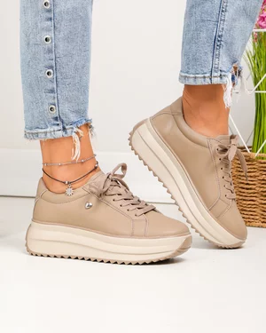 Pantofi casual dama piele naturala kaki cu inimioara metalica F001-775