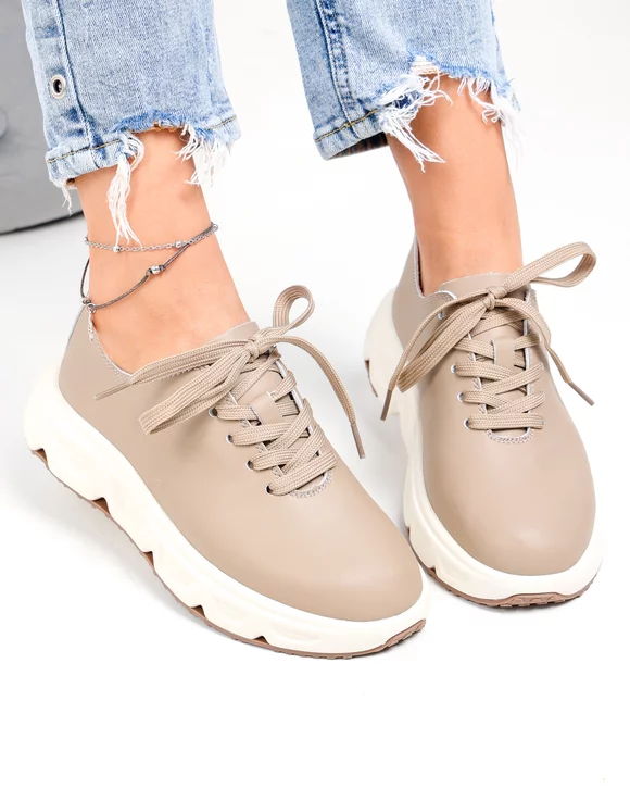 Pantofi casual dama piele naturala kaki cu talpa bej F002-534