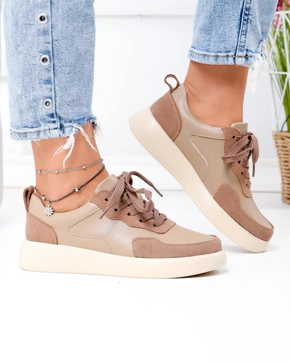 Pantofi casual dama piele naturala kaki cu talpa bej T-2651