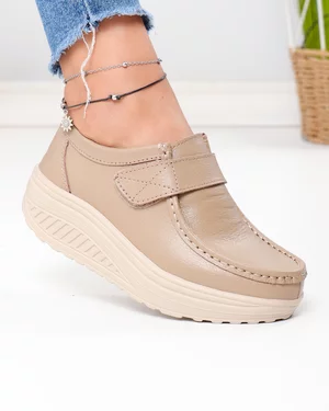 Pantofi casual dama piele naturala kaki cu talpa groasa cu inchidere scai PL-58