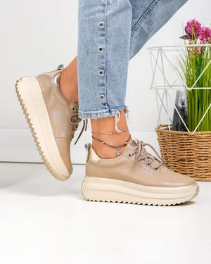 Pantofi casual dama piele naturala kaki cu talpa groasa F002-290