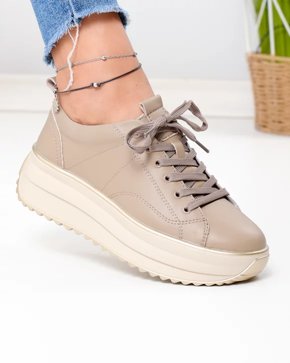 Pantofi casual dama piele naturala kaki cu talpa groasa si inchidere sireturi F001-750