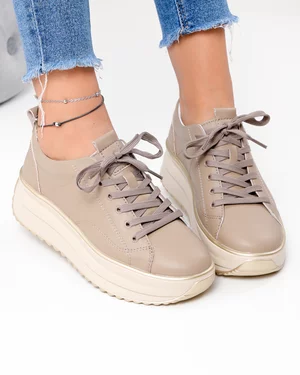 Pantofi casual dama piele naturala kaki cu talpa groasa si inchidere sireturi F001-750