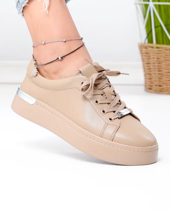 Pantofi casual dama piele naturala kaki cu varf rotund F005-029