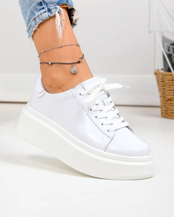 Pantofi Casual - Pantofi casual dama piele naturala lacuita albi cu talpa groasa F002-527