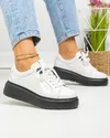 Pantofi casual dama piele naturala lacuita albi cu talpa neagra si inchidere sireturi F002-294 3