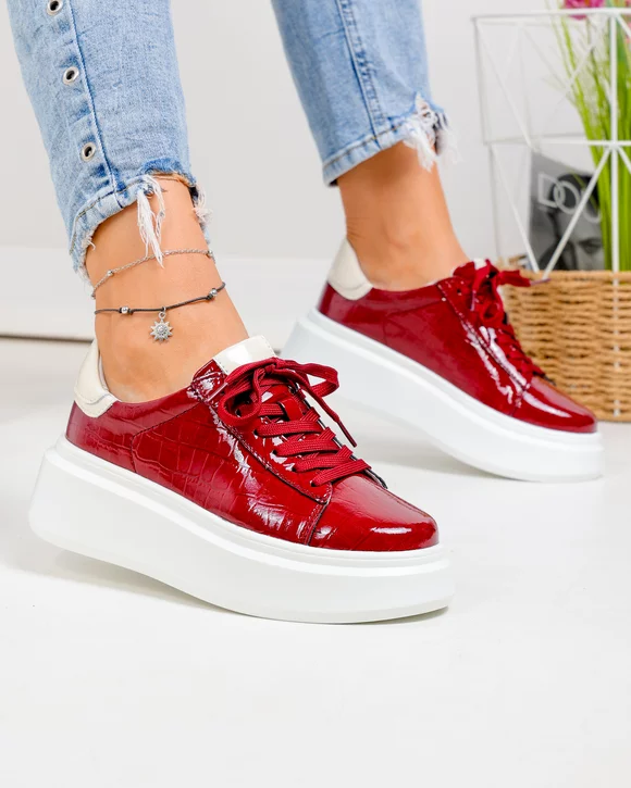 Pantofi casual dama piele naturala lacuita bordo texturata F002-527