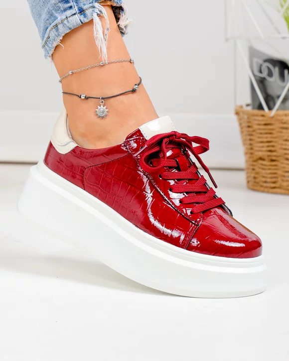 Pantofi casual dama piele naturala lacuita bordo texturata F002-527