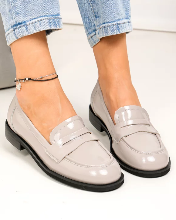 Pantofi casual dama piele naturala lacuita gri cu inchidere slip-on TN6502-2