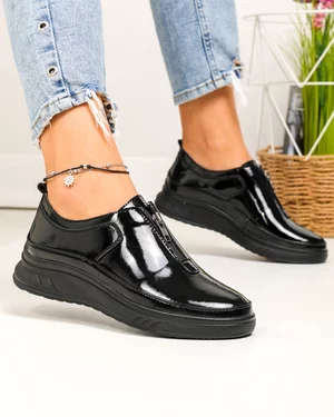 Pantofi casual dama piele naturala lacuita negri cu inchidere fermoar frontal F002-287