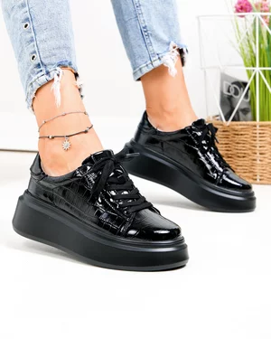 Pantofi casual dama piele naturala lacuita negri cu inchidere sireturi F002-527