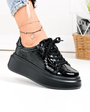 Pantofi Casual - Pantofi casual dama piele naturala lacuita negri cu inchidere sireturi F002-527