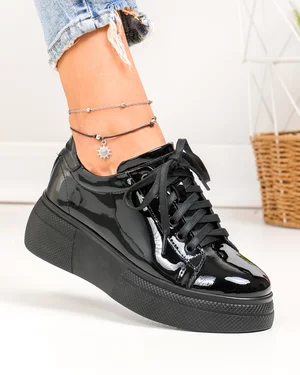 Pantofi Casual - Pantofi casual dama piele naturala lacuita negri cu inchidere sireturi PC206