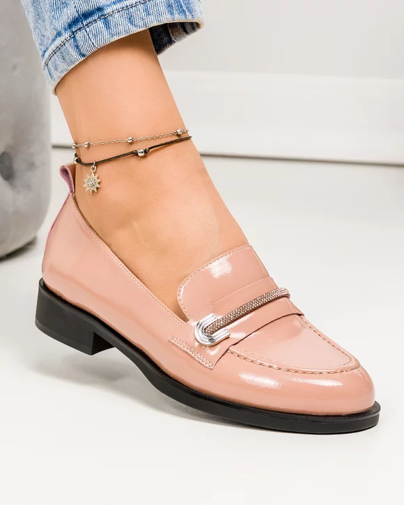 Pantofi casual dama piele naturala lacuita roz cu inchidere slip-on si accesoriu TN6407-2