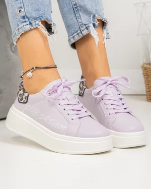 Pantofi casual dama piele naturala lila cu inscriptie pe lateral si inchidere sireturi F001-832