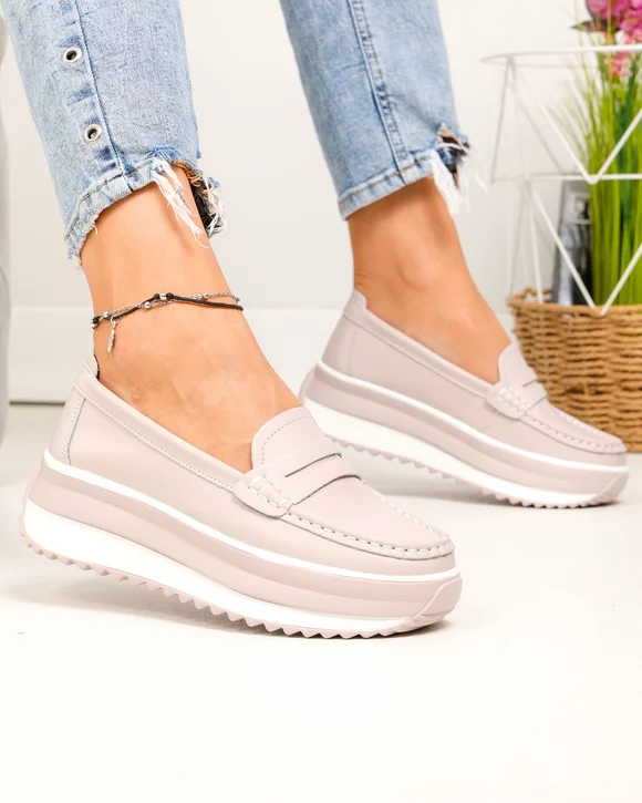 Pantofi casual dama piele naturala lila cu talpa groasa si cusatura frontala F001-776