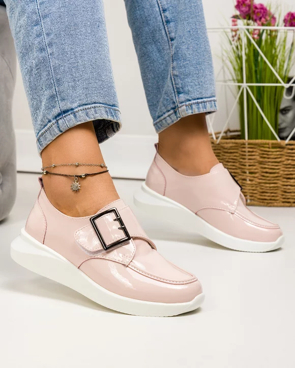 Pantofi casual dama piele naturala lucioasa roz cu inchidere scai T-5010