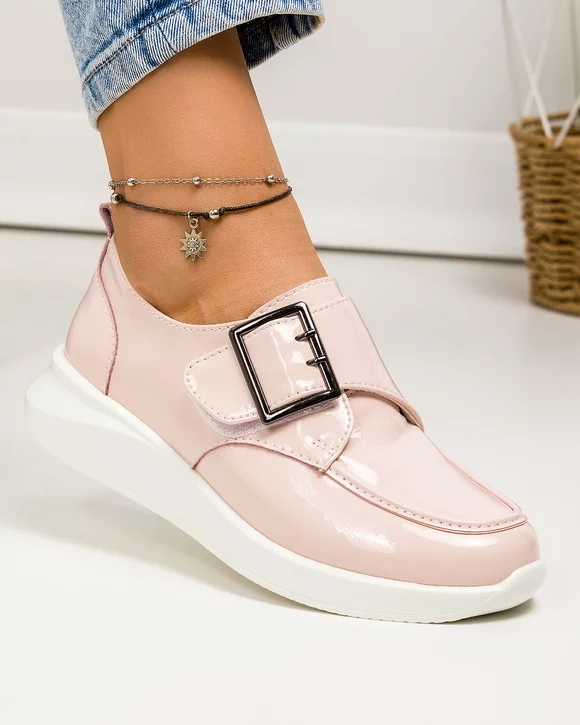 Pantofi casual dama piele naturala lucioasa roz cu inchidere scai T-5010