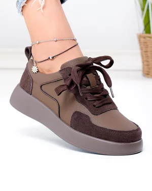 Pantofi casual dama piele naturala maro cu insertie piele intoarsa T-2651