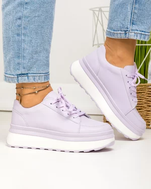 Pantofi casual dama piele naturala mov deschis cu inchidere sireturi  F001-777