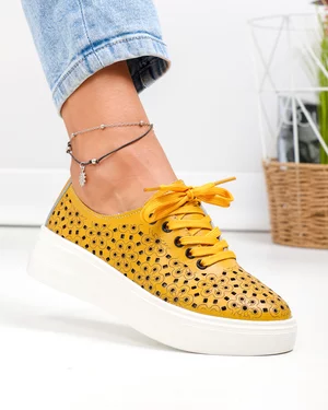 Pantofi casual dama piele naturala mustar cu model perforat JY3230