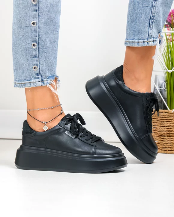 Pantofi casual dama piele naturala negri captusiti cu inchidere sireturi F002-389