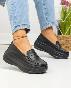 Pantofi casual dama piele naturala negri ci inchidere slip-on si talpa groasa F002-295