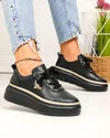 Pantofi casual dama piele naturala negri cu aplicatie metalica insecta si insertie aurie F002-353 3
