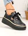 Pantofi casual dama piele naturala negri cu aplicatie metalica insecta si insertie aurie F002-353 2