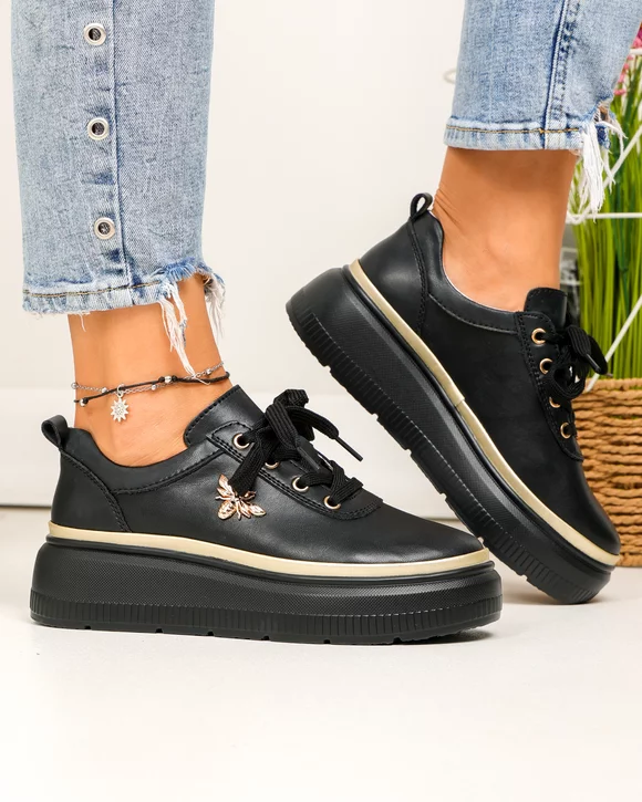 Pantofi casual dama piele naturala negri cu aplicatie metalica insecta si insertie aurie F002-353