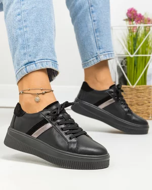Pantofi casual dama piele naturala negri cu aplicatii piele intoarsa si argintiu F001-729