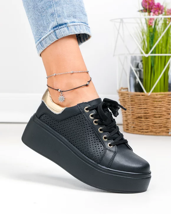 Pantofi casual dama piele naturala negri  cu auriu perforati T6042