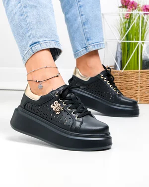 Pantofi casual dama piele naturala negri cu auriu si model perforat T6043