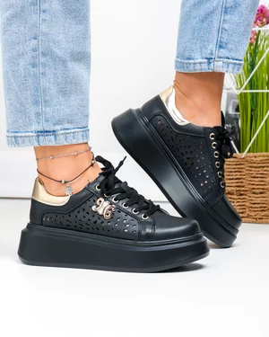 Pantofi casual dama piele naturala negri cu auriu si model perforat T6043