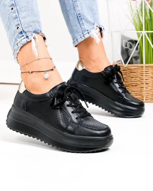 Pantofi casual dama piele naturala negri cu auriu T-2008