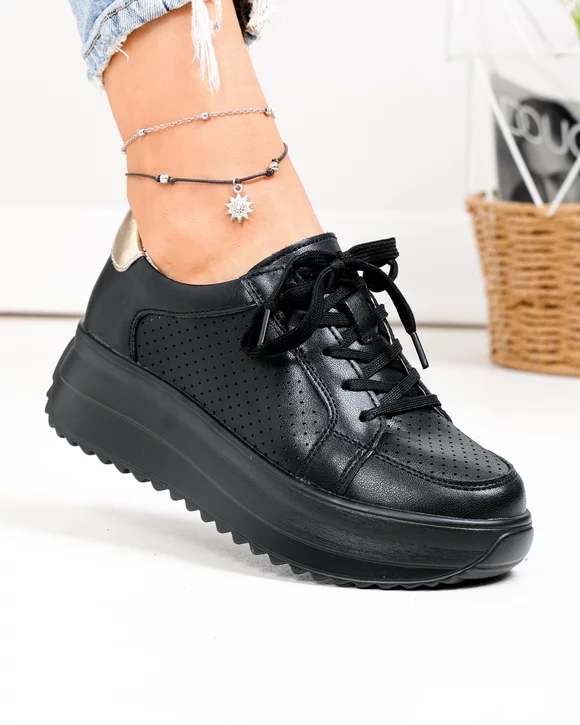 Pantofi casual dama piele naturala negri cu auriu T-2008