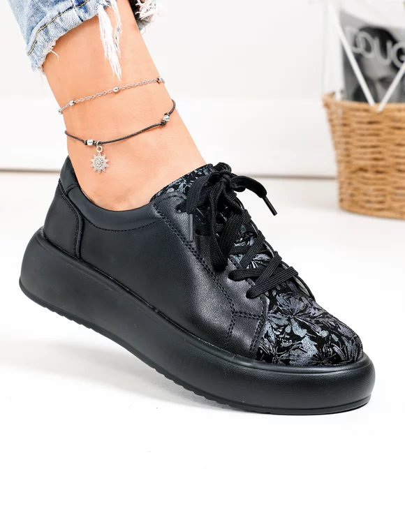 Pantofi casual dama piele naturala negri cu imprimeu si inchidere sireturi T-2006