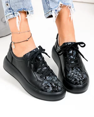 Incaltaminte Dama - Pantofi casual dama piele naturala negri cu imprimeu si inchidere sireturi T-2006