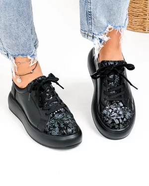 Pantofi Casual - Pantofi casual dama piele naturala negri cu imprimeu si inchidere sireturi T-2006