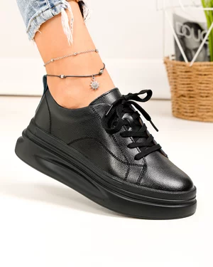 Pantofi casual dama piele naturala negri cu inchidere siret si cusatura decorativa AW2023-26