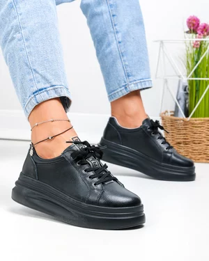 Pantofi casual dama piele naturala negri cu inchidere sireturi AW468
