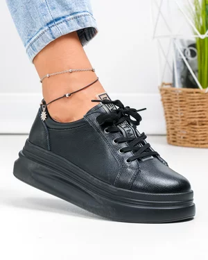 Pantofi casual dama piele naturala negri cu inchidere sireturi AW468