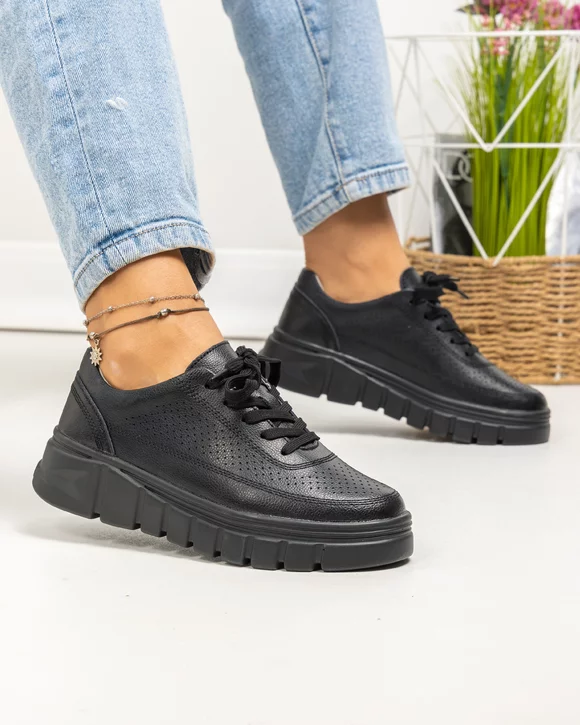 Pantofi casual dama piele naturala negri cu inchidere sireturi AW469