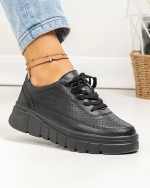 Pantofi casual dama piele naturala negri cu inchidere sireturi AW469
