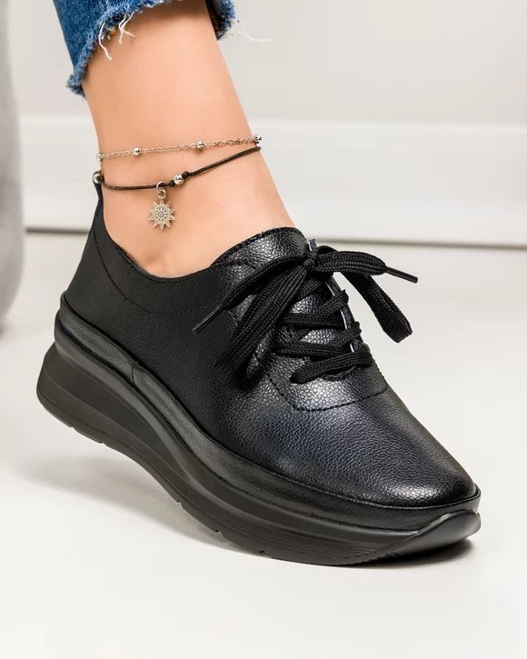 Pantofi casual dama piele naturala negri cu inchidere sireturi F001-719