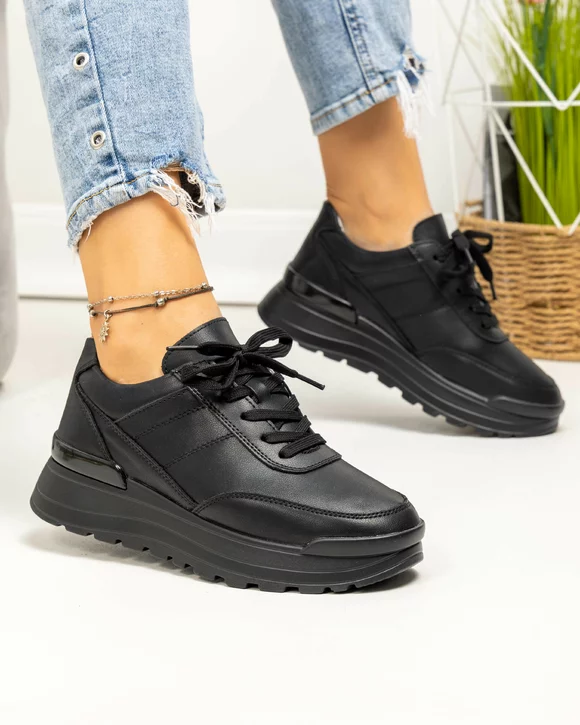 Pantofi casual dama piele naturala negri cu inchidere sireturi F001-747