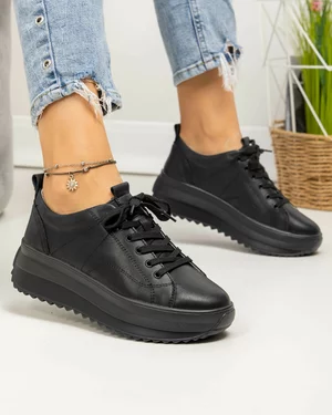 Pantofi casual dama piele naturala negri cu inchidere sireturi F001-750